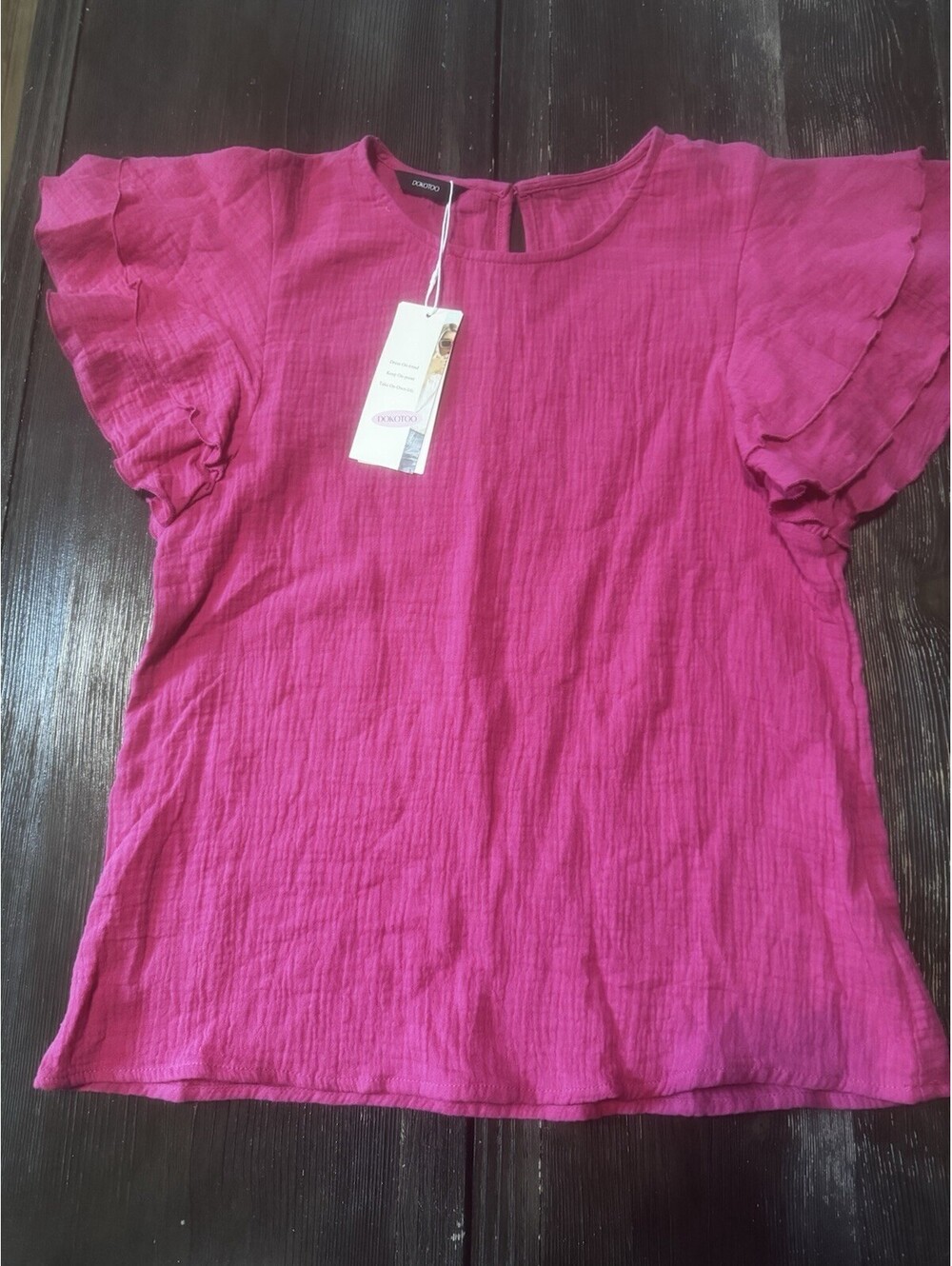 Dokotoo Women’s Hot Pink Ruffle Sleeve Gauze Cotton Blouse Size Small NWT